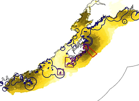 Figure 1: Estimated spatial economic values of shore-based Pacific cod fisheries in the Gulf of Alaska during the summer-fall 2001, showing higher value areas in darker colors. Circles surrounding sea lion haulouts and rookeries identify Steller sea lion critical habitat, while the rectangles show other areas closed to fisheries. The red rectangle shows the Chiniak Gully Research Area, which was closed to commercial fishing to allow the Alaska Fisheries Science Center to conduct research on the effects of the pollock fishery on pollock abundance and distribution.
