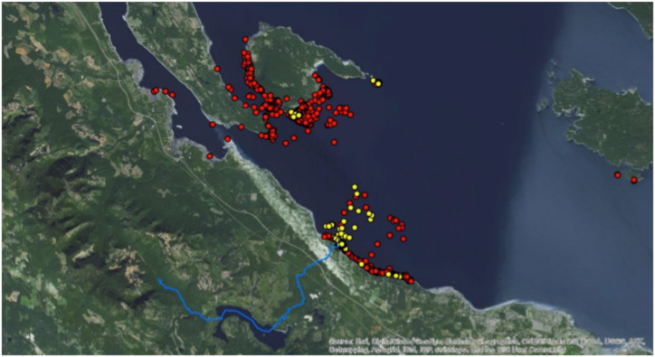 Tagged habour seal GPS locations during the two weeks following the smolt release. (red) All tagged seal locations. (yellow) Tagged seals with PIT tag detections (seals documented eating Big Qualicum hatchery coho smolts) 