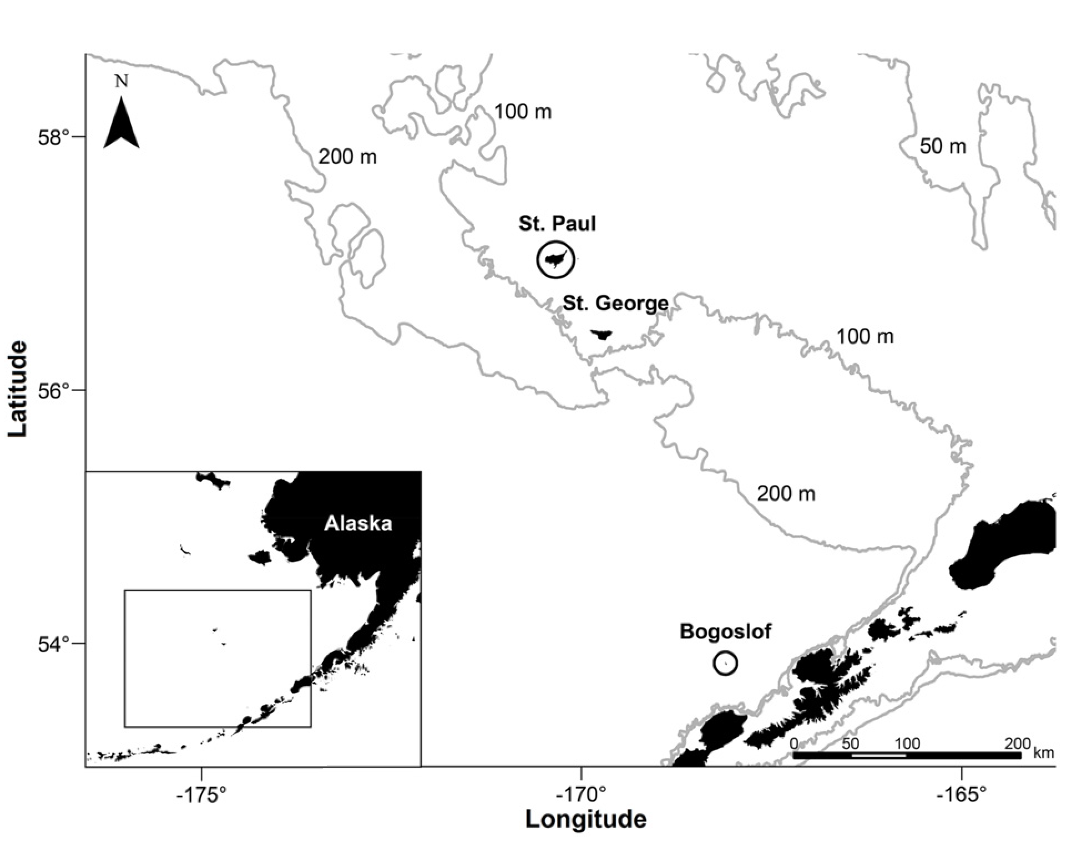 Study sites in the eastern Bering Sea. Northern fur seals were tagged for this study on St. Paul Island and Bogoslof Island. Also shown are the 50, 100 and 200m depth contours.